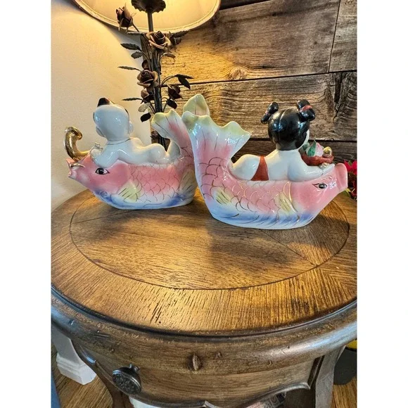 Vintage Chinese Porcelain tongzi Riding Koi Fish Figurines Gold Gilt Pair 2pc